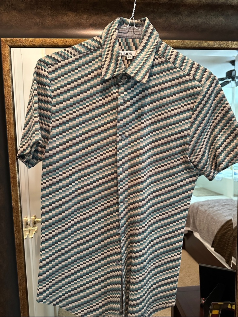 Mr Turk Short-Sleeve Button-Down Shirt in Teal and Gray Geometric